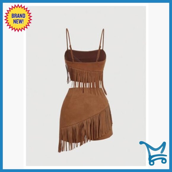 Suede Fringe Sleeveless Cami Top and Shorts Two Piece Set - Picture 2 of 5
